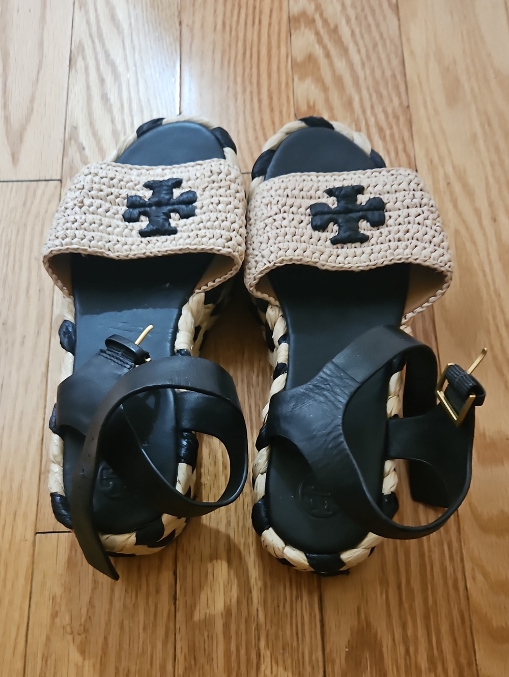 Tory Burch Black and Natural Woven Platform Sandal